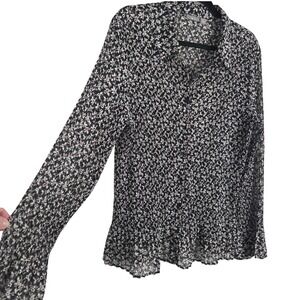 Apt. 9 Black‎ Ditsy Floral Sheer Plissé Button Front Flare Sleeve Top XL Career